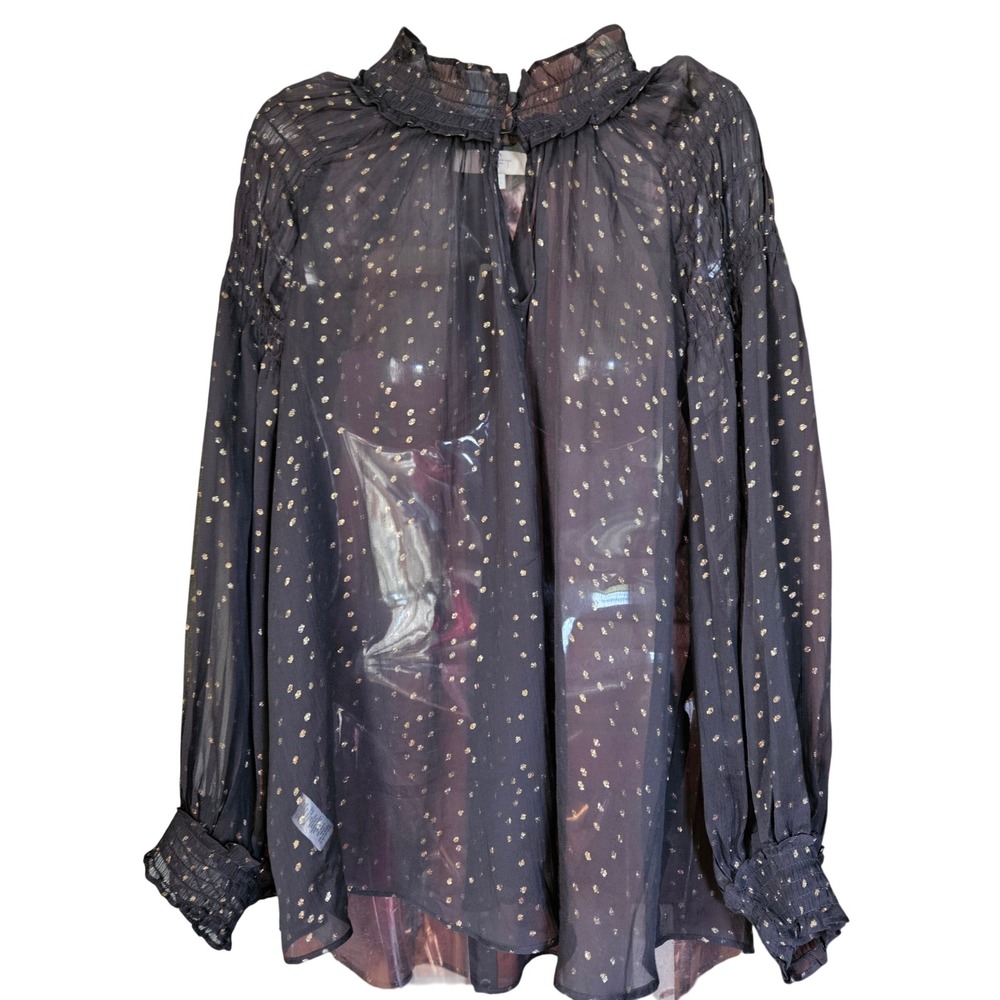 Loft Womens Medium‎ Black Gold Metallic Dot Smocked Mock Neck Sheer Blouse Top